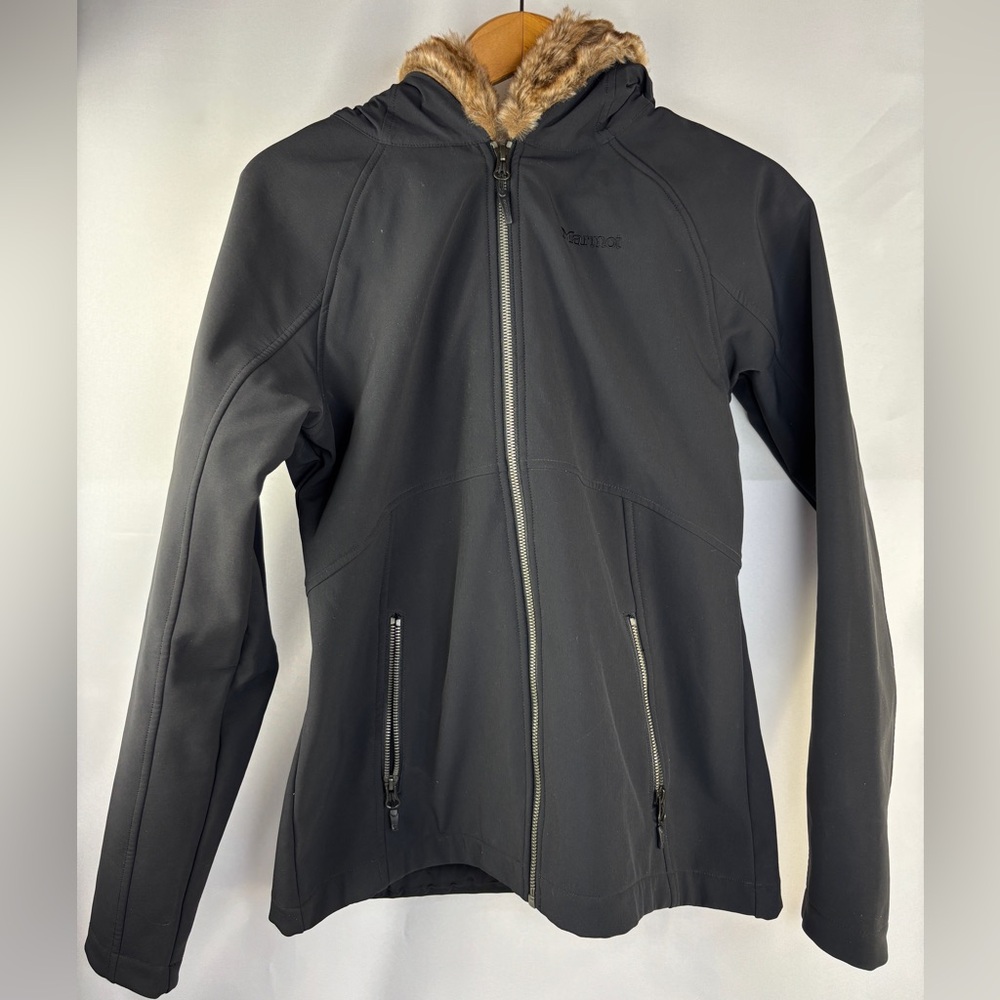 MARMOT Furlong Faux Fur Hooded Jacket Medium Black Zip Up Fleece Lined Coat